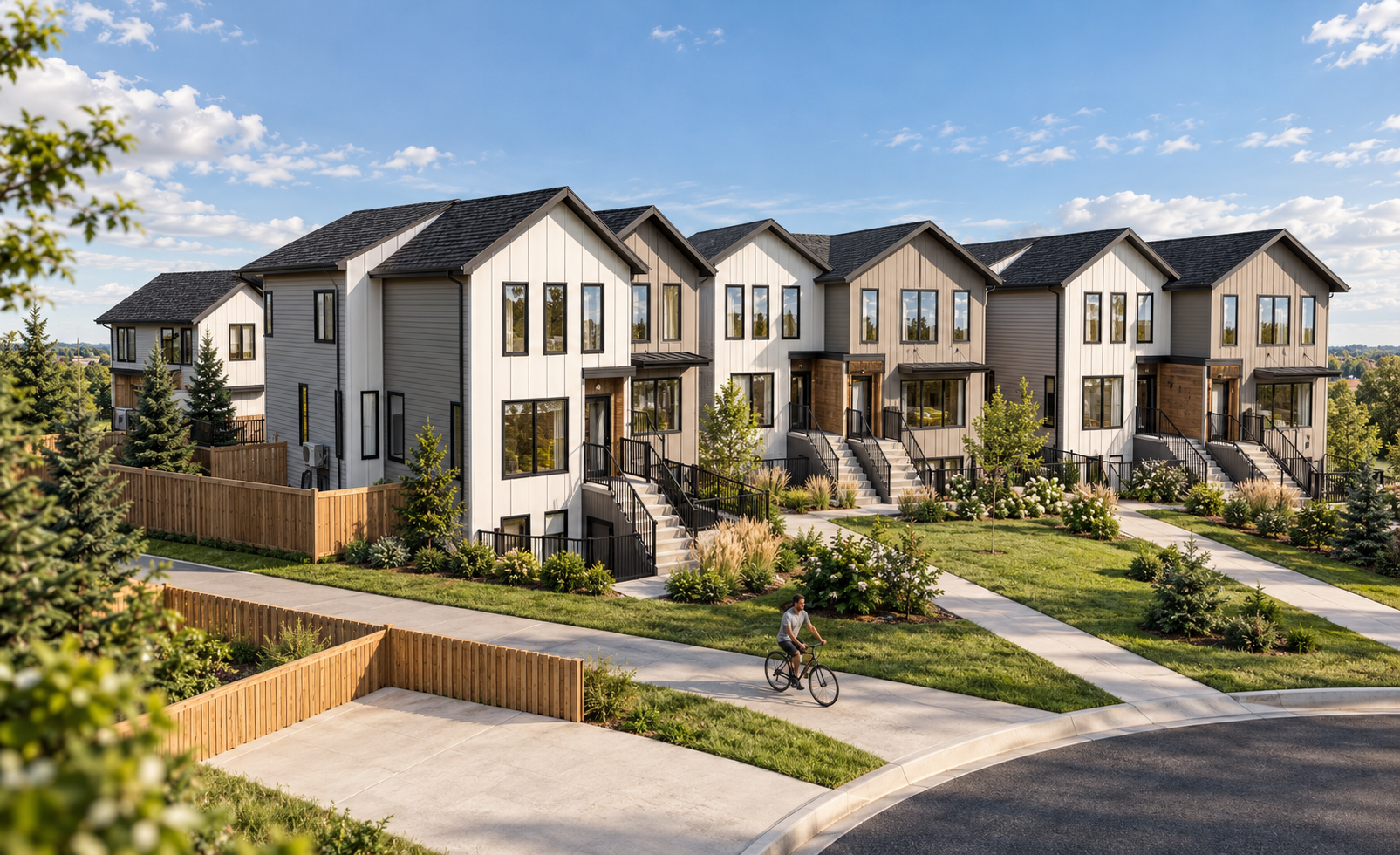 Rendering of a row of modern 2 and 4 bedroom townhomes with white and taupe siding, black-framed windows and front stairs, facing a landscaped walkway in Spruce Cliff.